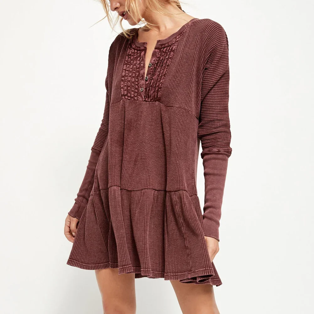 Free People FP ONE Jolene Waffle Knit Thermal Henley Tiered Mini Dress Wine S